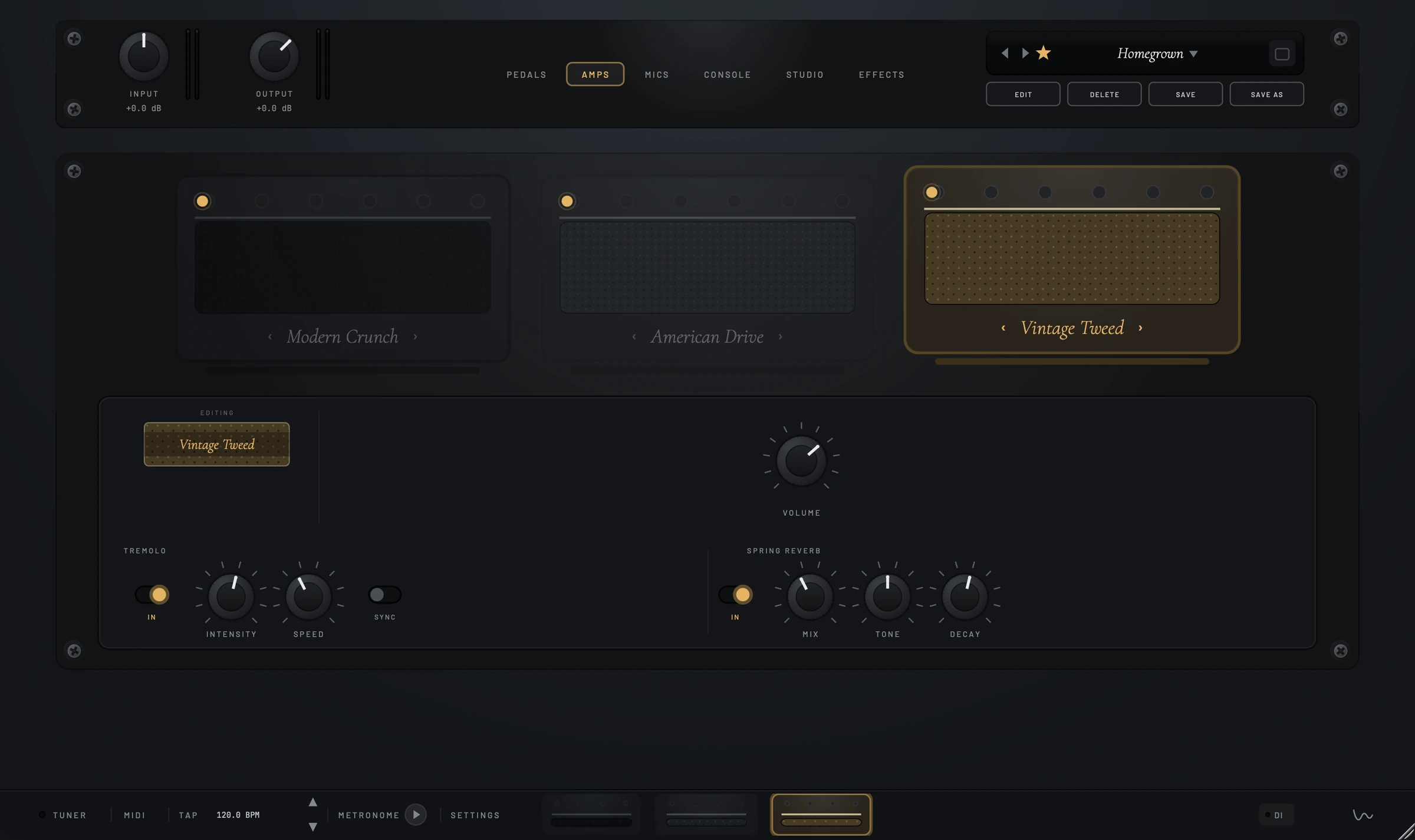 The Tone Farm plugin's Amps page: three amp heads side by side — Modern Crunch, American Drive and Vintage Tweed — above a shared control panel with volume, tremolo and spring reverb.