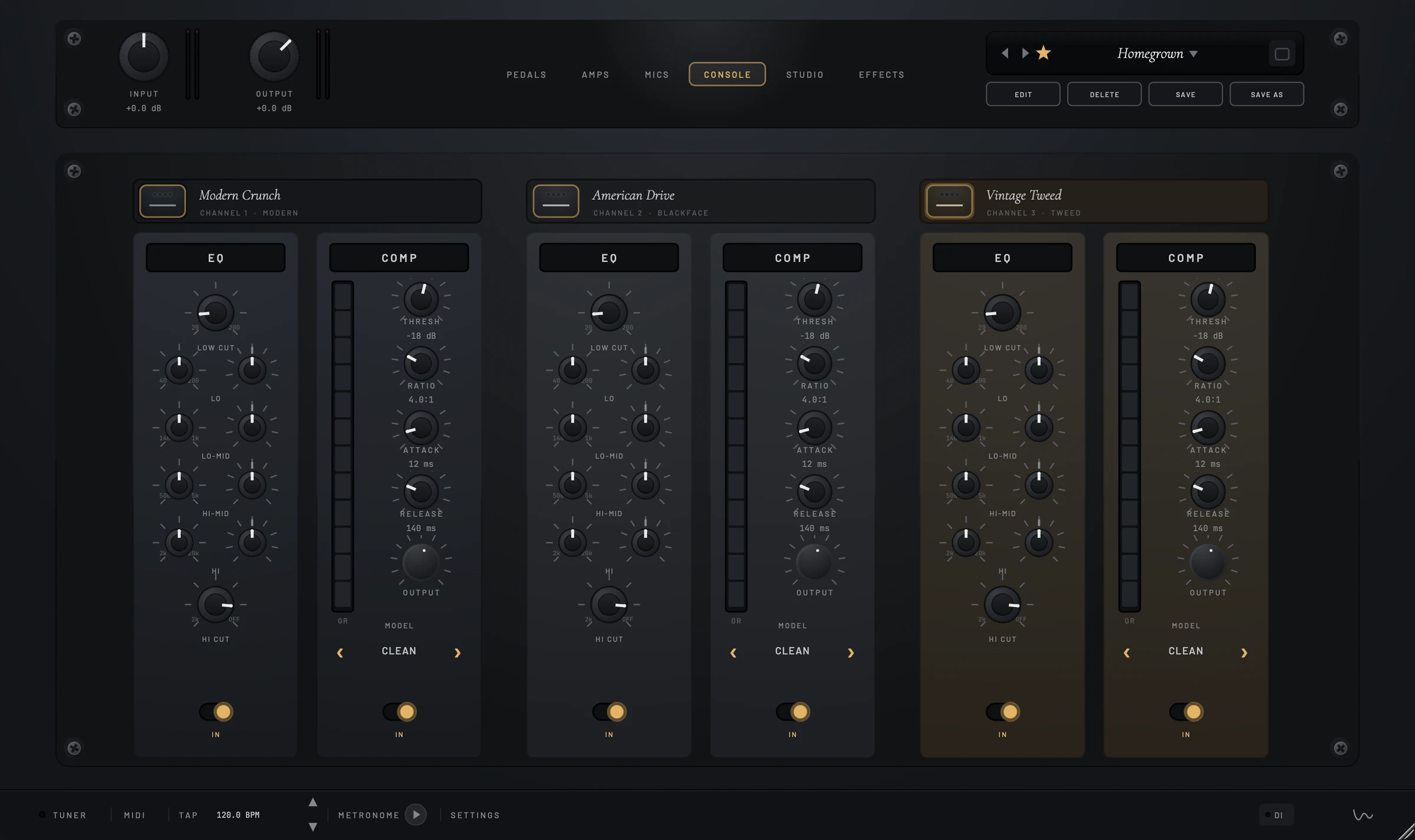 The Console page: three vertical channel strips, one per amp, each labelled with its amp name and carrying a six-band EQ and a compressor with gain-reduction metering.