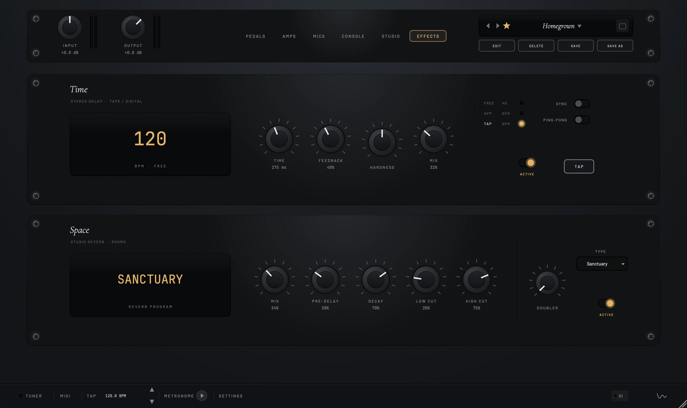 The Effects page: a stereo delay unit showing 120 BPM on its display, above a reverb unit with SANCTUARY loaded as the reverb program and controls for mix, pre-delay, decay, low cut and high cut.