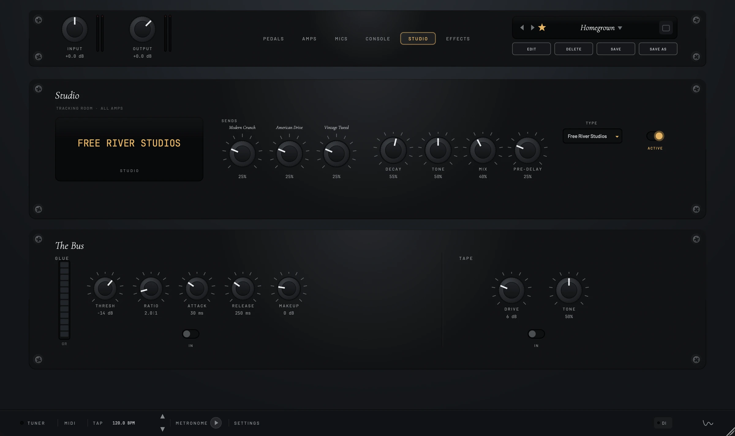 The Studio page: a tracking-room unit with Free River Studios loaded, showing a send knob named for each of the three amps, above a bus unit with a glue compressor and a tape stage.